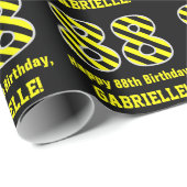 Papier Cadeau Noir & Jaune rayé "88"; 88e anniversaire + nom (Coin rond)