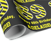 Papier Cadeau Noir & Jaune rayé "89"; 89e anniversaire + nom (Coin rond)