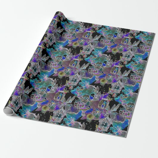 Papier Cadeau Noir Lumière Neon luisant Noël Réveillon Motif (Déroulé)