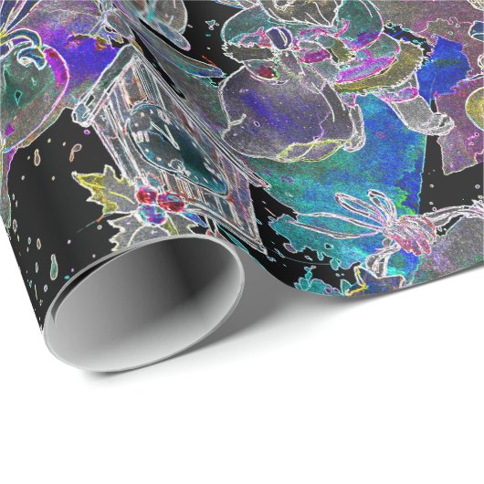 Papier Cadeau Noir Lumière Neon luisant Noël Réveillon Motif (Coin rond)