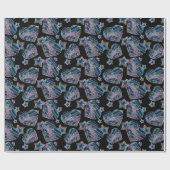 Papier Cadeau Noir Lumière Neon Lumineuse Noël Coeurs et étoiles (Plat)