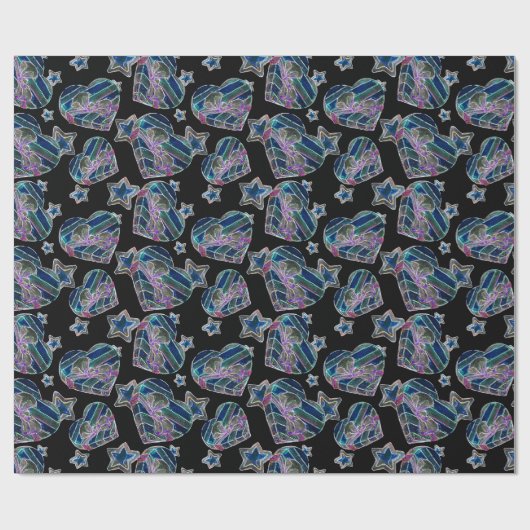 Papier Cadeau Noir Lumière Neon Lumineuse Noël Coeurs et étoiles (Plat)