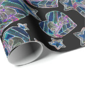 Papier Cadeau Noir Lumière Neon Lumineuse Noël Coeurs et étoiles (Coin rond)