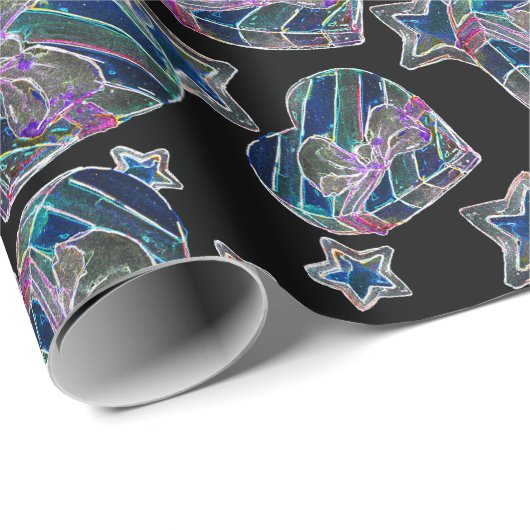 Papier Cadeau Noir Lumière Neon Lumineuse Noël Coeurs et étoiles (Coin rond)