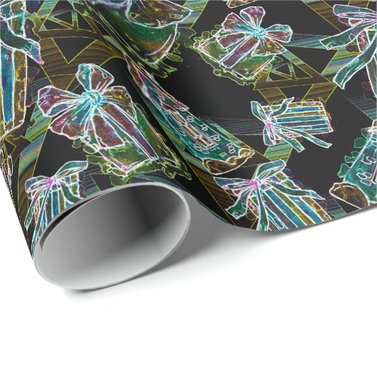 Papier Cadeau Noir Lumière Neon Lumineuse Noël Présents et Maiso (Coin rond)