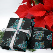 Papier Cadeau Noir Lumière Néon Noël Poinsettia Motif