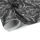 Papier Cadeau Noir & Métallurgique Argent Floral Damas 2 (Coin rond)
