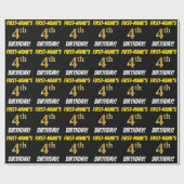 Papier Cadeau Noir, Or Faux/Imitation, "4e ANNIVERSAIRE" (Plat)