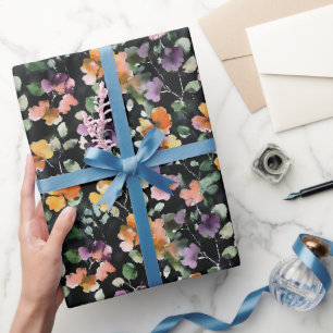 Papier Cadeau Noir Pêche Violet Vert Floral