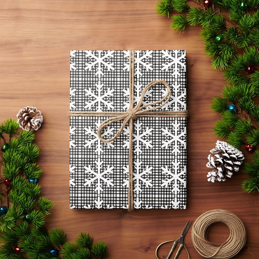 Papier Cadeau Noir rustique et blanc Plaid Snowflake Noël
