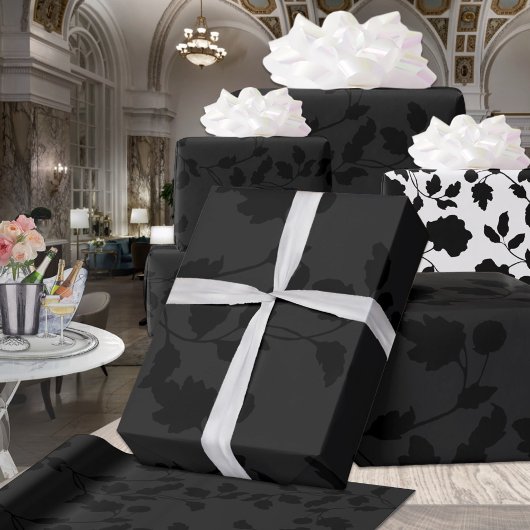 Papier Cadeau Noir sur Black Floral Vin feuillu Élégant