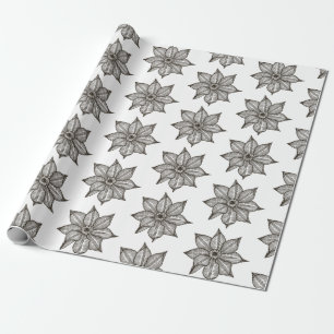 Papier Cadeau Noir sur Fleurs croquantes blanches
