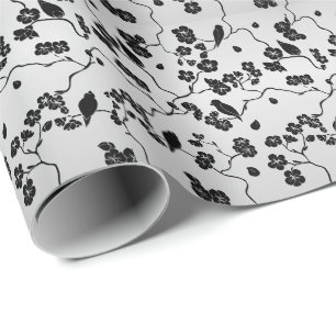Papier Cadeau Noir sur les oiseaux Motifs en argent et fleurs de