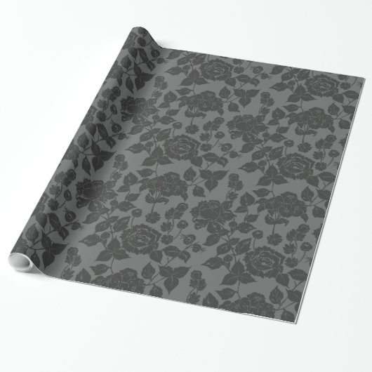 Papier Cadeau Noir sur noir Rose Damask Floral (Déroulé)