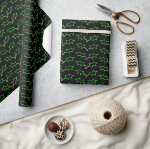 Papier Cadeau Noir vert moderne Noir rouge Noël noir Holly Motif