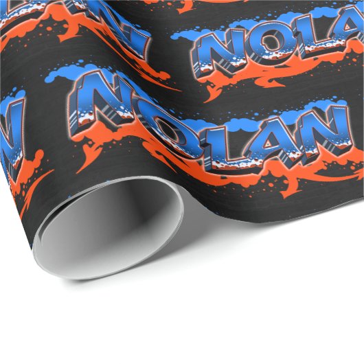 Papier Cadeau Nolan prénom nom Graffiti bleu orange (Coin rond)