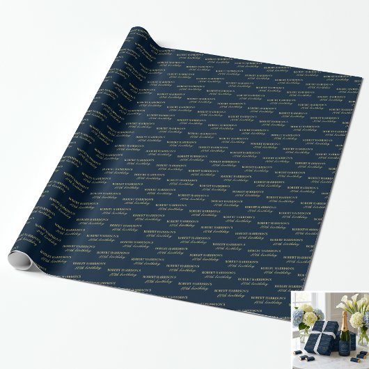 Papier Cadeau Nom Âge Navy & Or 80e Anniversaire