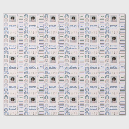 Papier Cadeau Nom Âge Sentiment Boho Arc-en-ciel rose bleu vert (Plat)