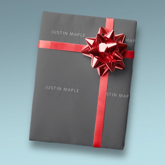 Papier Cadeau Nom au look cool & monogramme | Gris foncé