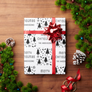 Papier Cadeau Nom de famille de coutume de Noël blanc et noir