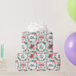 Papier Cadeau Nom de famille Monogram Christmas Wreath<br><div class="desc">Ce papier d'emballage personnalisable comprend deux couronnes de Noël, l'une qui dit Joyeux Noël et l'autre a votre nom de famille prêt à être customisé. Ce design est empli d'illustrations de Noël peintes à la main comme des oiseaux cardinaux rouges, des sucres de canne, des fleurs de poinsettia, un arc...</div>