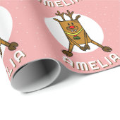 Papier Cadeau Nom de l'enfant de Noël rose cerf mou (Coin rond)