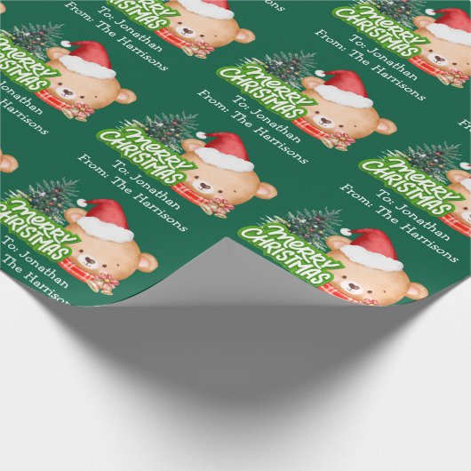 Papier Cadeau Nom de l'ours de Noël Vert (Coin)