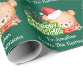 Papier Cadeau Nom de l'ours de Noël Vert (Coin rond)