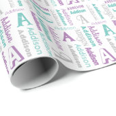 Papier Cadeau Nom de répétition et cadeau Turquoise initial gris (Coin rond)