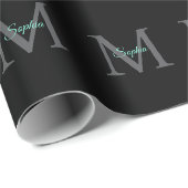 Papier Cadeau Nom de script sarcelle avec grand monogramme gris (Coin rond)