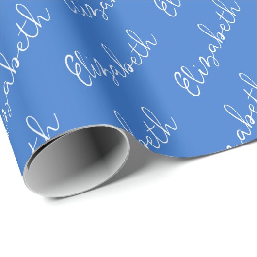 Papier Cadeau Nom de script simple bleu personnalisé (Coin rond)
