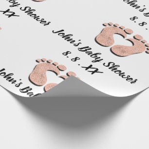 Papier Cadeau Nom du baby shower Date Coeur pieds Noir Blanc Ros