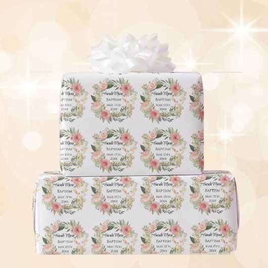 Papier Cadeau Nom du baptême Date Cross Dove Spring Flowers