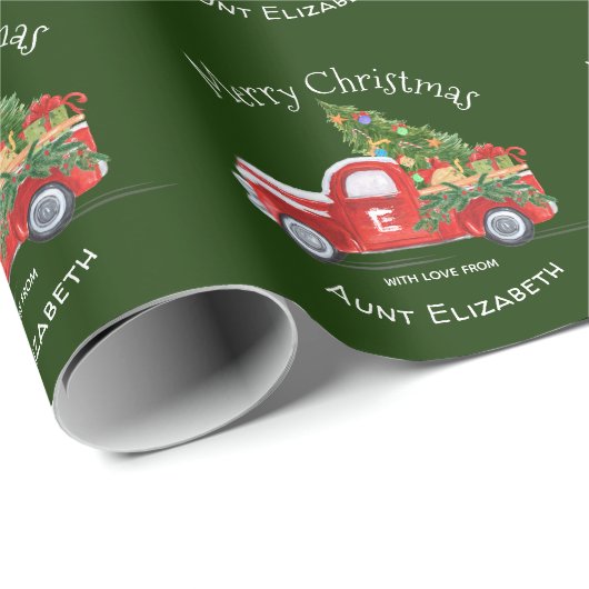 Papier Cadeau Nom du monogramme Camion rouge rustique Noël vert (Coin rond)