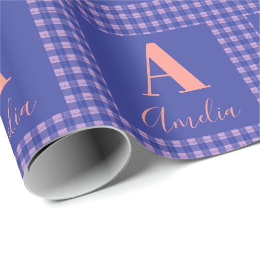 Papier Cadeau Nom du monogramme Plaid Purple Rose (Coin rond)
