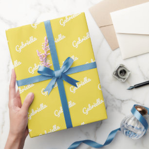 Papier Cadeau Nom du script personnalisé blanc jaune mignon
