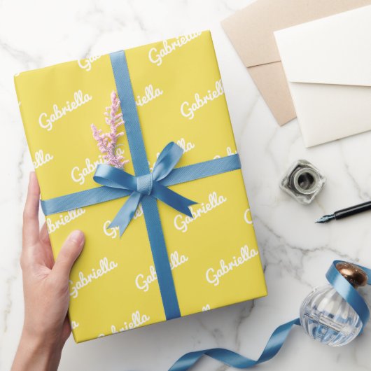Papier Cadeau Nom du script personnalisé blanc jaune mignon (Cadeaux)