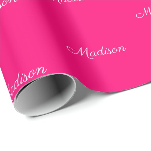 Papier Cadeau Nom du script personnalisé Texte rose vif blanc ch (Coin rond)