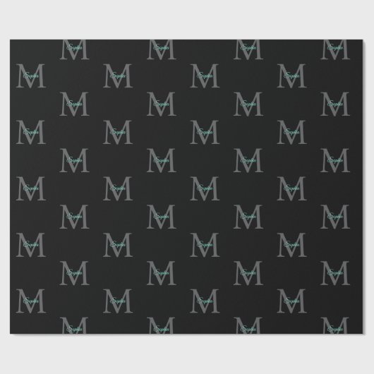 Papier Cadeau Nom du script turquoise, Monogramme gris grand sur (Plat)