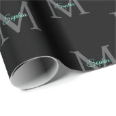 Papier Cadeau Nom du script turquoise, Monogramme gris grand sur (Coin rond)