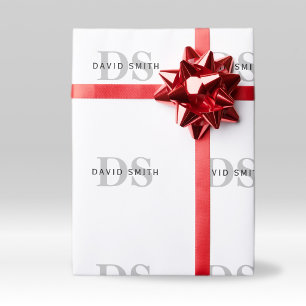 Papier Cadeau Nom et monogramme modernes Blanc Noir et Gris