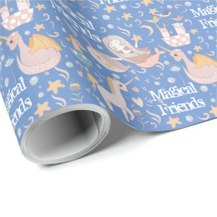 Papier Cadeau Nom, Licorne de Narval Sirène Dragon Petit Imprimé