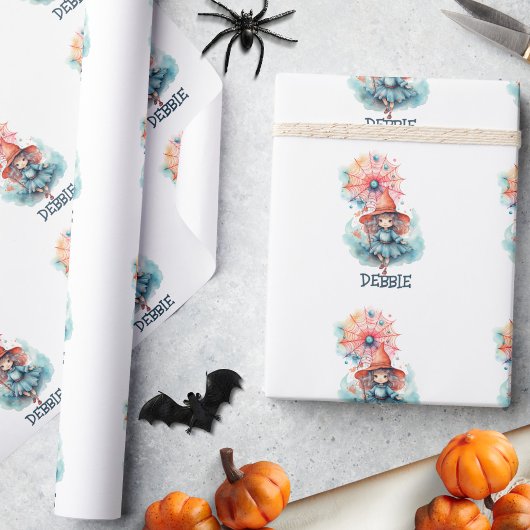 Papier Cadeau Nom mignon Fille Sorcière rose Aquarelle Halloween