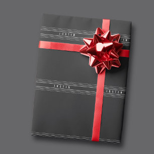 Papier Cadeau Nom modifiable et bandes géométriques   Noir et bl