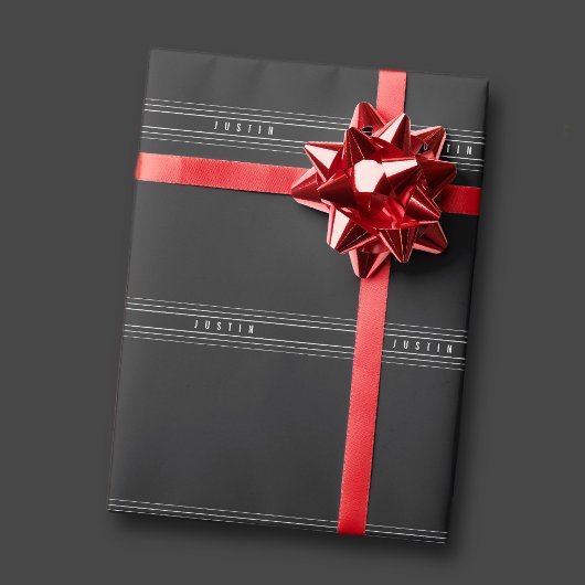 Papier Cadeau Nom modifiable et bandes géométriques | Noir et bl