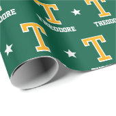 Papier Cadeau Nom monogramme Star Green Gold personnalisé (Coin rond)