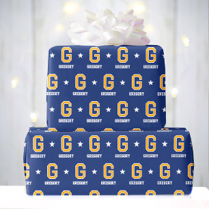 Papier Cadeau Nom monogramme Star Navy Gold Custom