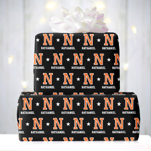 Papier Cadeau Nom monogramme Star Orange Black Custom