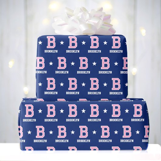 Papier Cadeau Nom monogramme Star Pink Navy Personnalisé