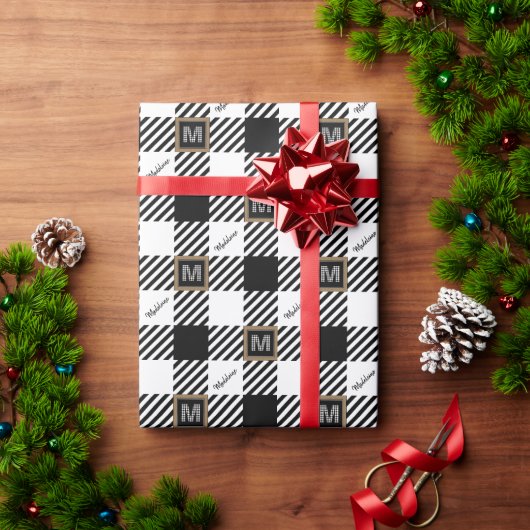 Papier Cadeau Nom noir et blanc + Monogramme de chèque de bison (Cadeau de vacances)